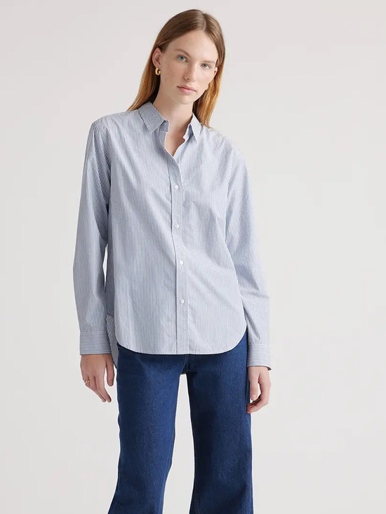Quince Tops - Quince M Organic Cotton Poplin Long Sleeve Oxford Shirt Blue Stripe Classic Eco